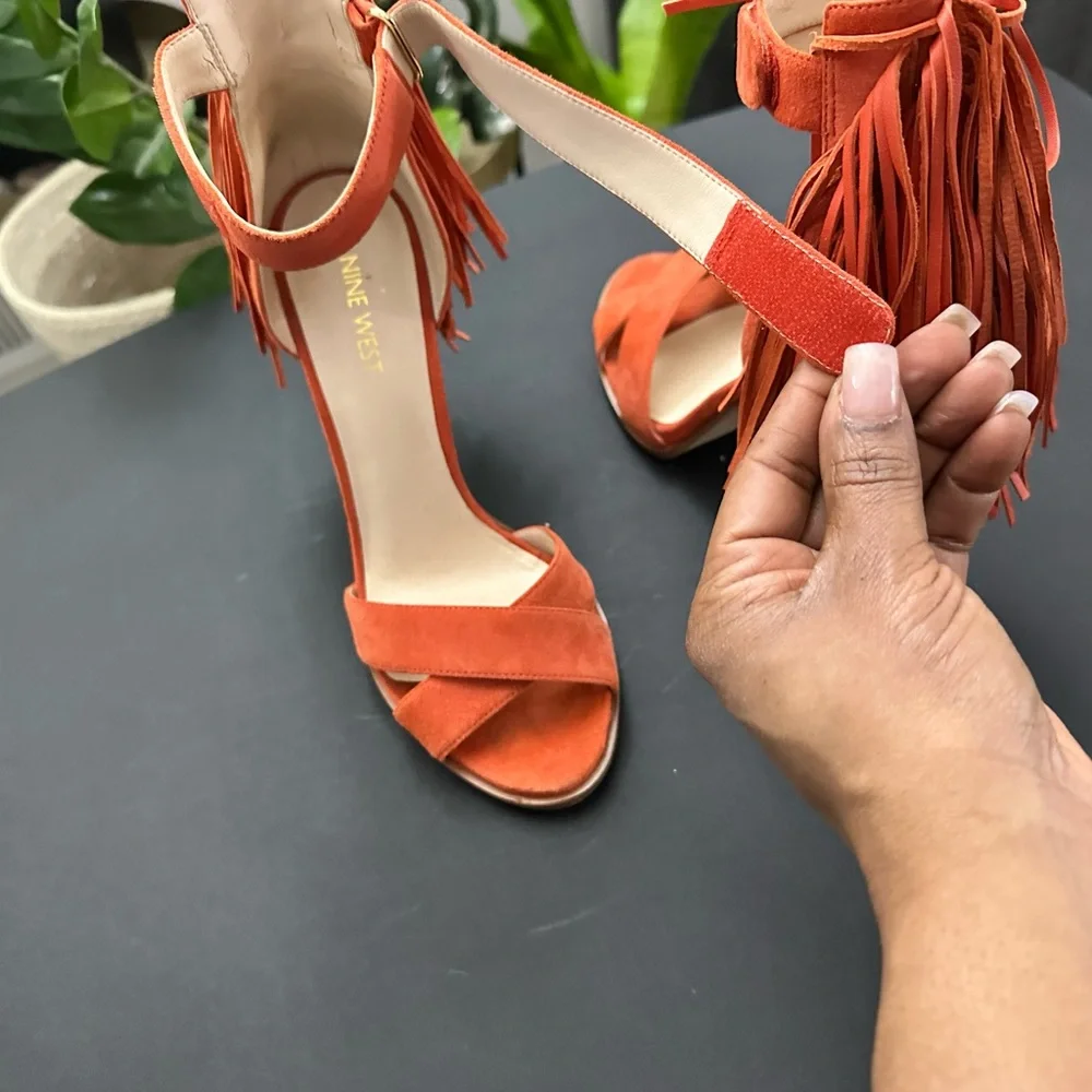 Nine West Hustle Fringe Suede High-Heel Sandals Orange